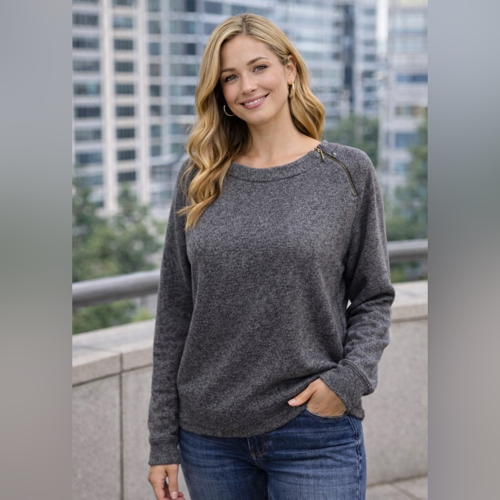 LOFT Gray Sweatshirt with Shoulder Zipper Detail